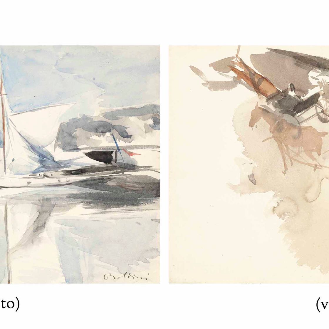Giovanni Boldini — Парусник у причала (оборотная сторона); Запряженные лошадьми экипажи, видимые сверху (оборотная сторона)