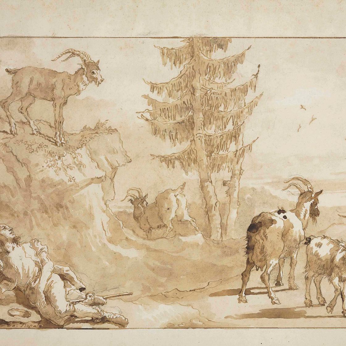 Giovanni Domenico Tiepolo — Горные козлы и юный путешественник отдыхают