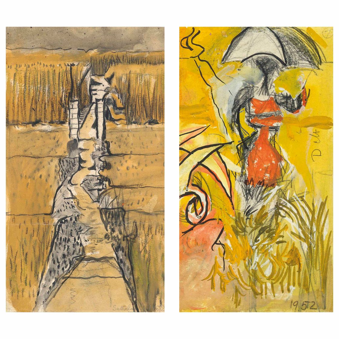 Graham Sutherland — Тропинка через поле, долина Уай (справа); Фигура в поле (слева)