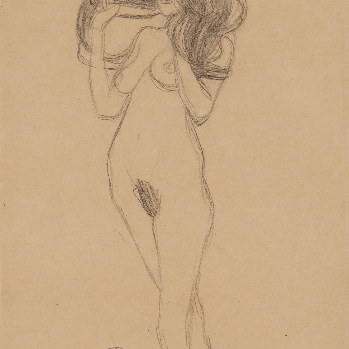 Gustav Klimt — Девушка, которая идет по следу, умирает, когда наступает конец света (Обнаженная женщина, стоящая, повернувшись налево, придерживая волосы)