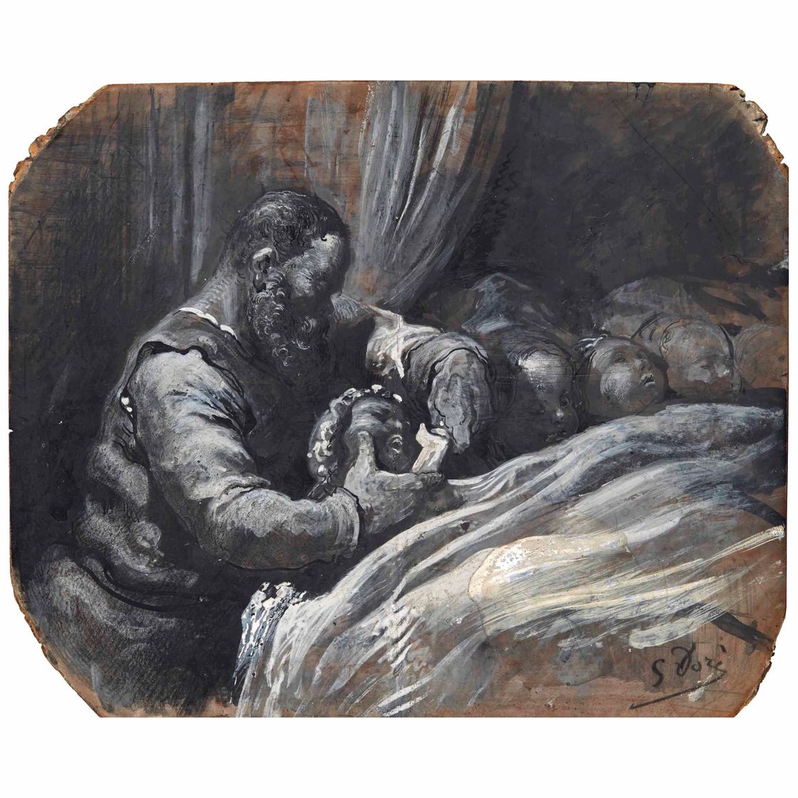 Gustave Dore — Людоед: сцена перед сном с бородатым мужчиной и пятью спящими детьми