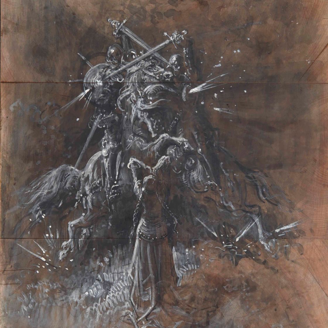 Gustave Dore — Два рыцаря, скачущие на лошадях, сражаются за женщину