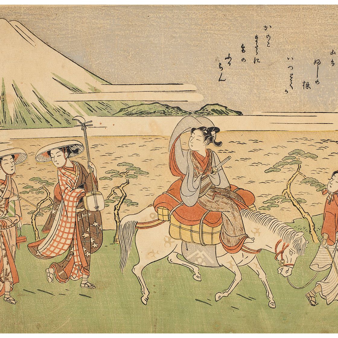 Harunobu Suzuki — Аллюзионная картина (митате-э), изображающая путешествие Аривары-но Нарихиры на восток.