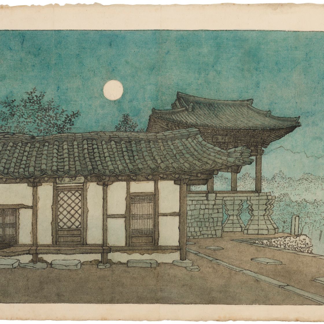 Hasui Kawase — Вечерняя Луна Над Храмом
