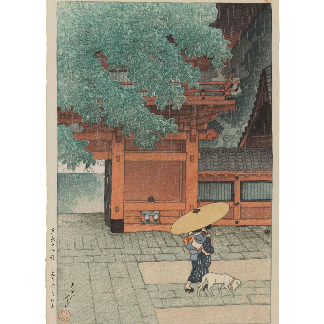 Hasui Kawase — Самидаре фуру, Санно ("Летний душ в храме Санно"), из серии "Токио джуни дай" ("Двенадцать жителей Токио")