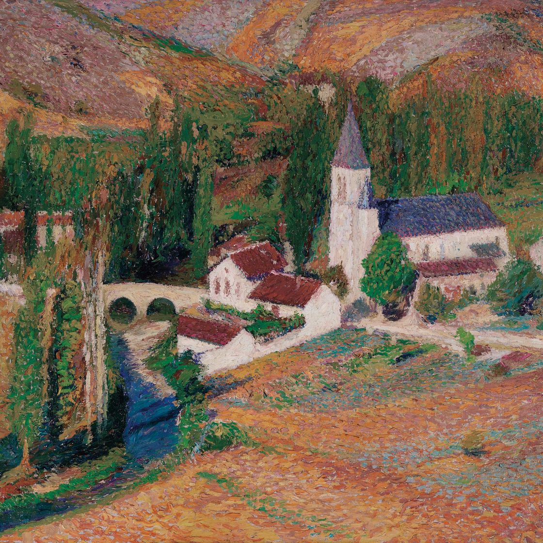 Henri Martin — Церковь Лабастид-дю-Верт, у моста и реки, на осеннем вечере, изображение 1