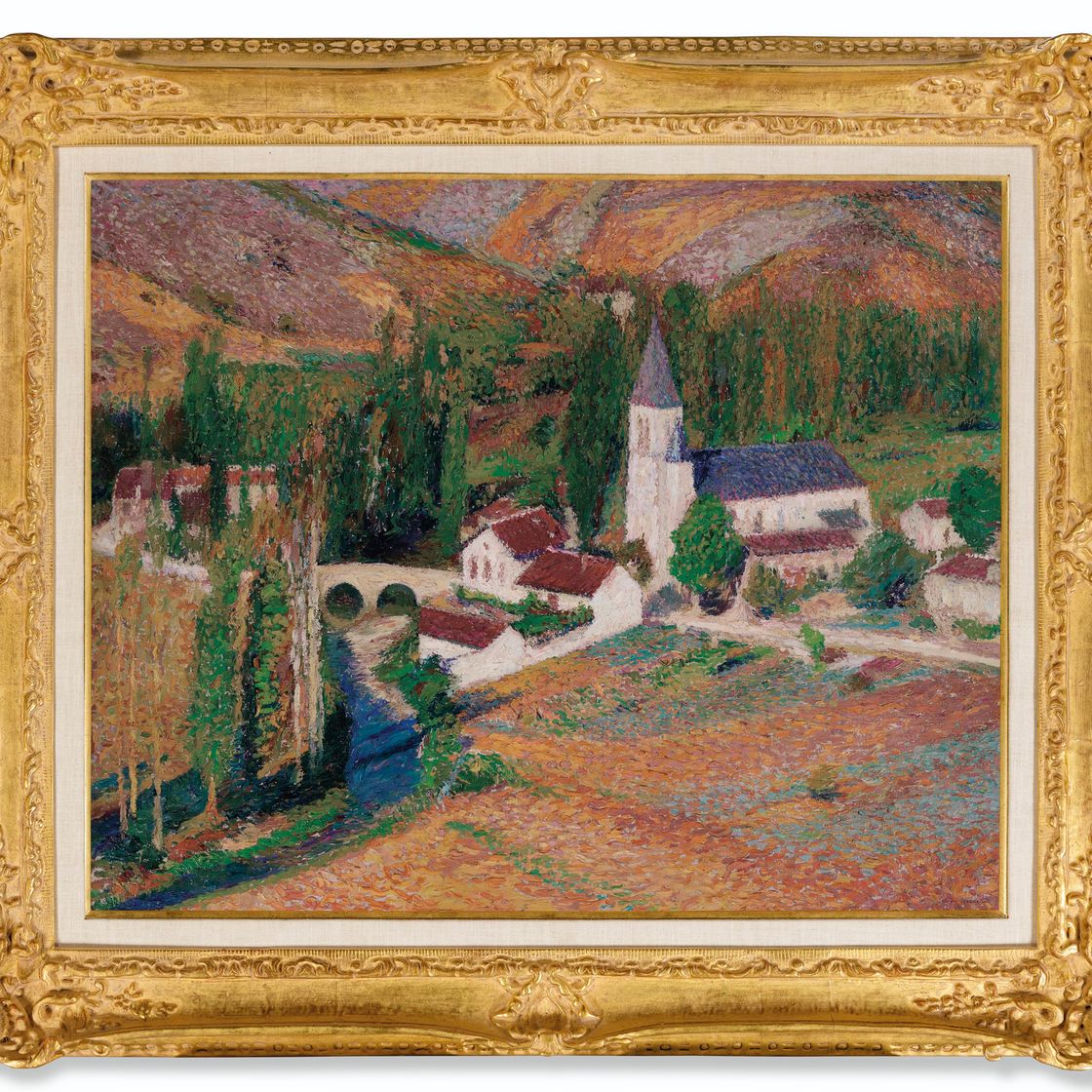 Henri Martin — Церковь Лабастид-дю-Верт, у моста и реки, на осеннем вечере, изображение 2