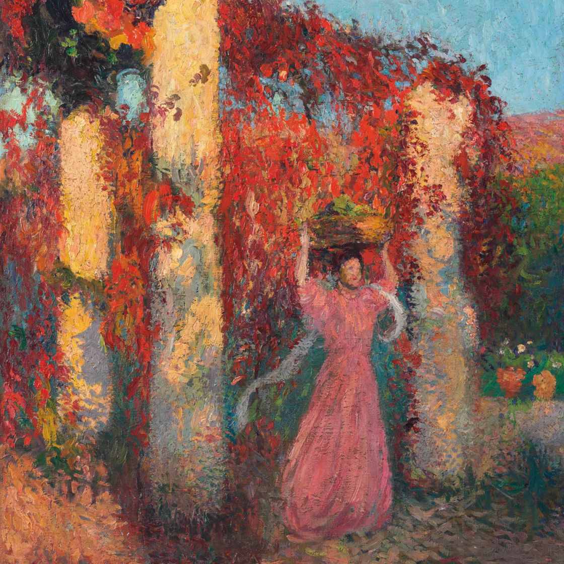 Henri Martin — Молодая женщина, важная особа в саду для уединенного времяпрепровождения, в беседке из виньетки- "Красная весна"