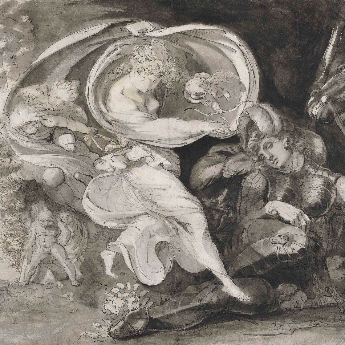 Henry Fuseli — Королева фей предстает перед принцем Артуром в романе Эдмунда Спенсера "Королева фей" (слева направо); и набросок королевы фей и принца Артура (справа налево).