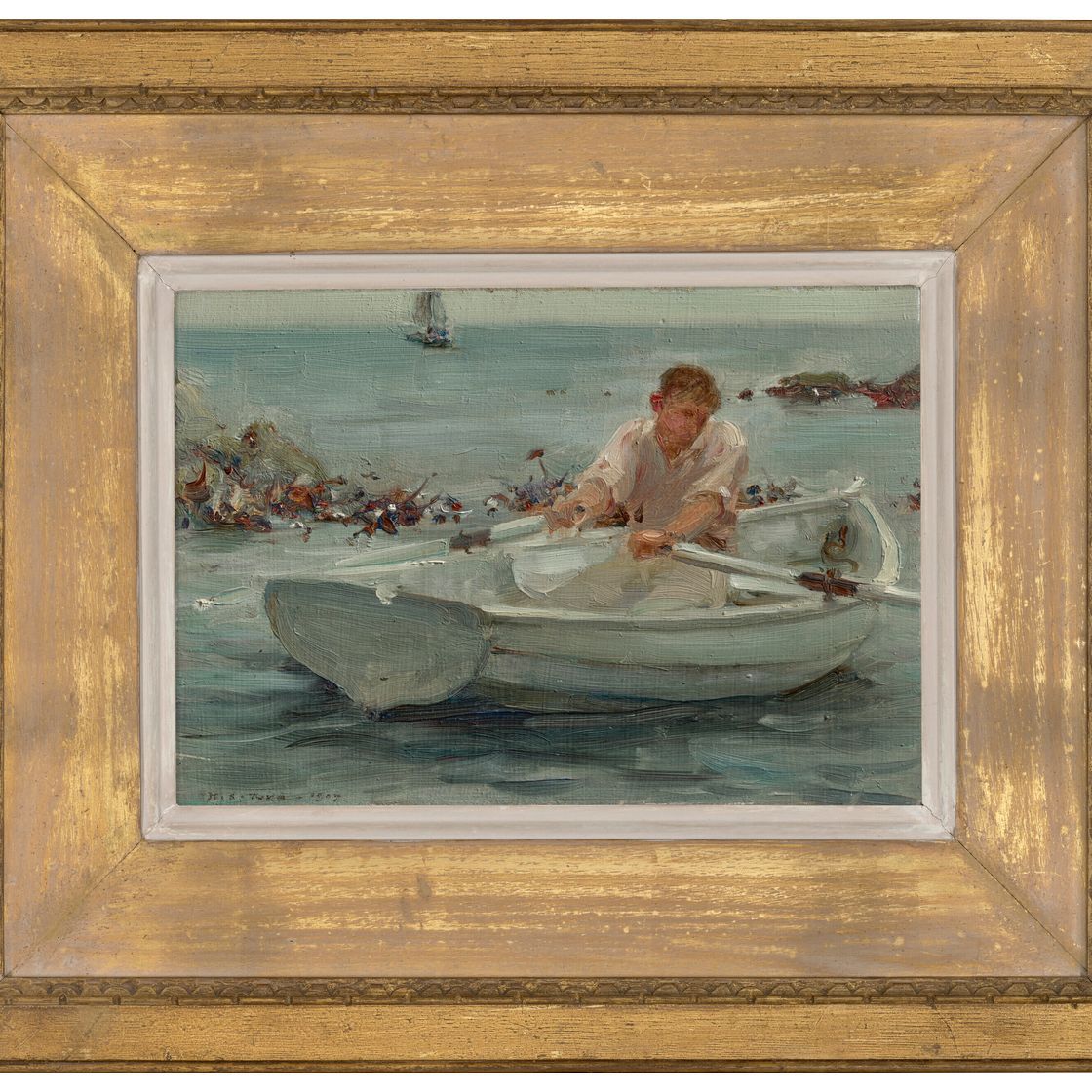 Henry Scott Tuke — Гребная лодка (справа); Облачный морской пейзаж (сзади), изображение 2