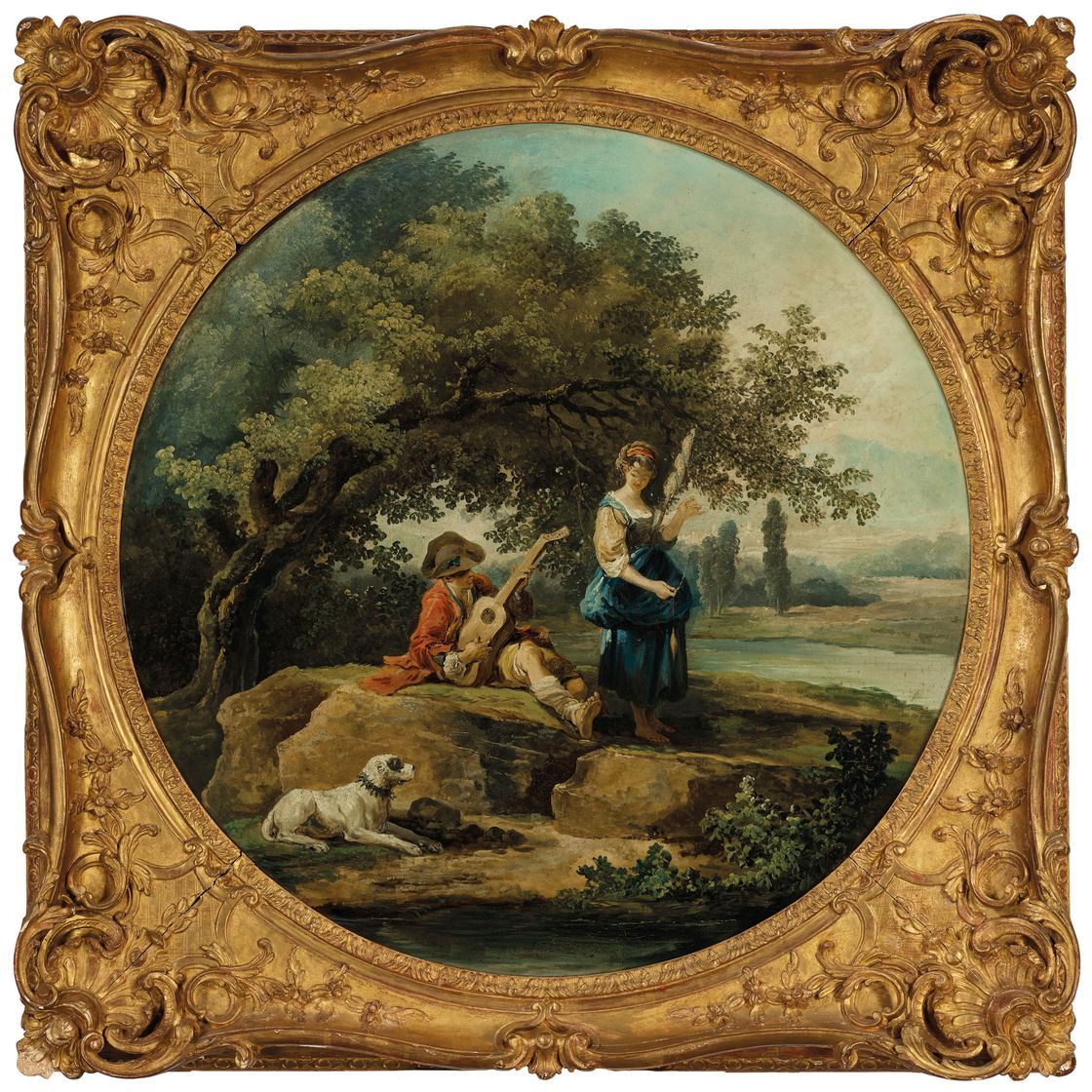 Hubert Robert — Пастух и пастушка с собакой на фоне пейзажа
