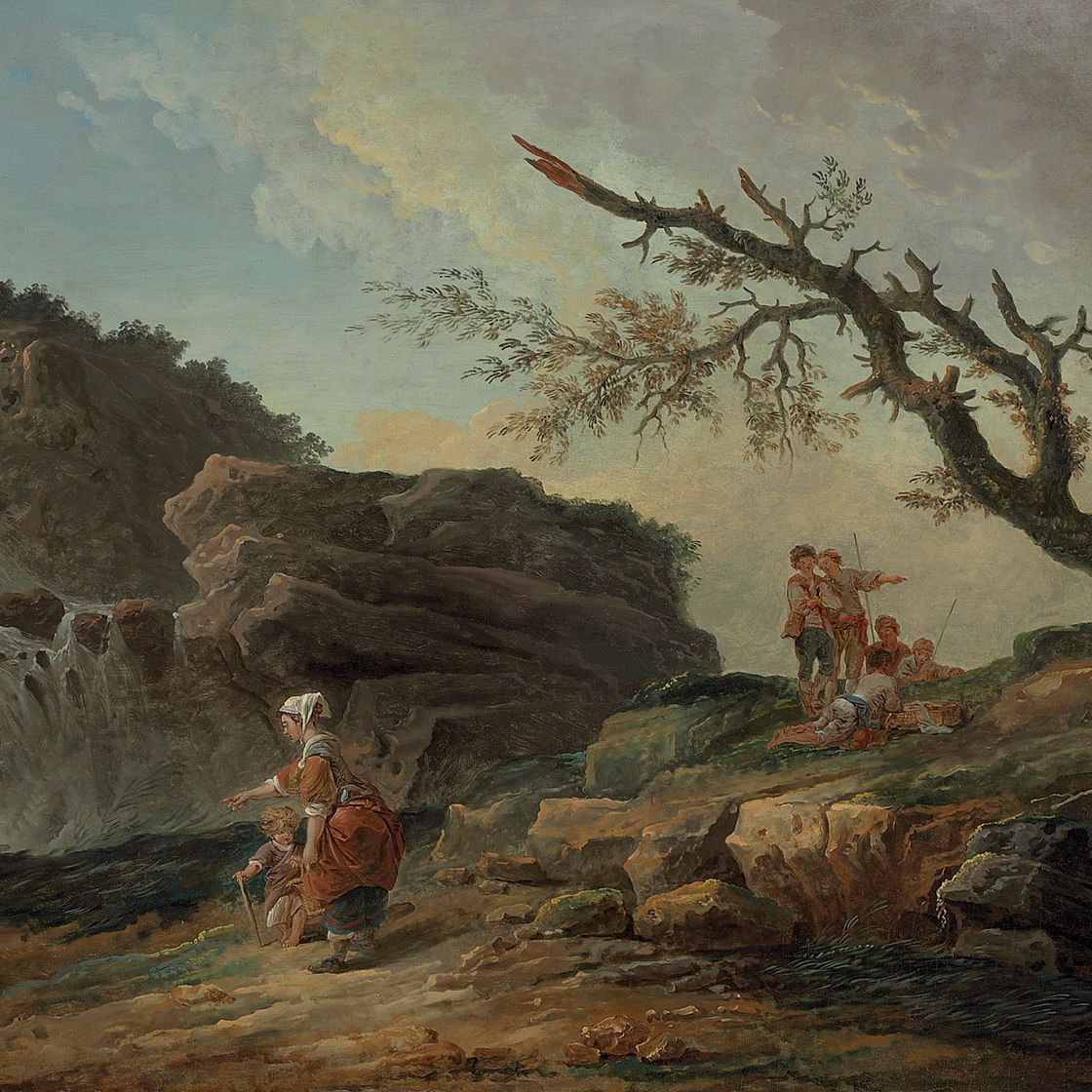 Hubert Robert — Ла Каскад: скалистый склон холма с крестьянкой и ребенком у водопада и мальчиками, отдыхающими у поваленного дерева.