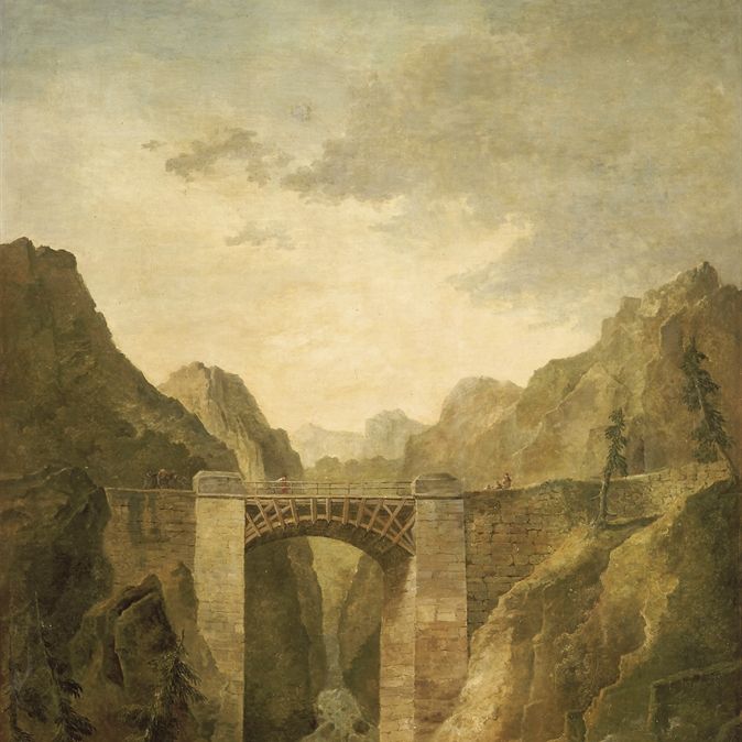 Hubert Robert — Один каскад проходов для персонала по реке и окрестностям у моста