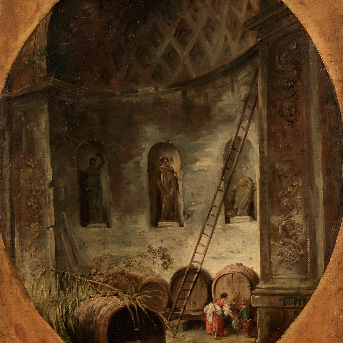 Hubert Robert — Мать и ребенок пьют вино из бочки в разрушенном винном погребе, изображение 1