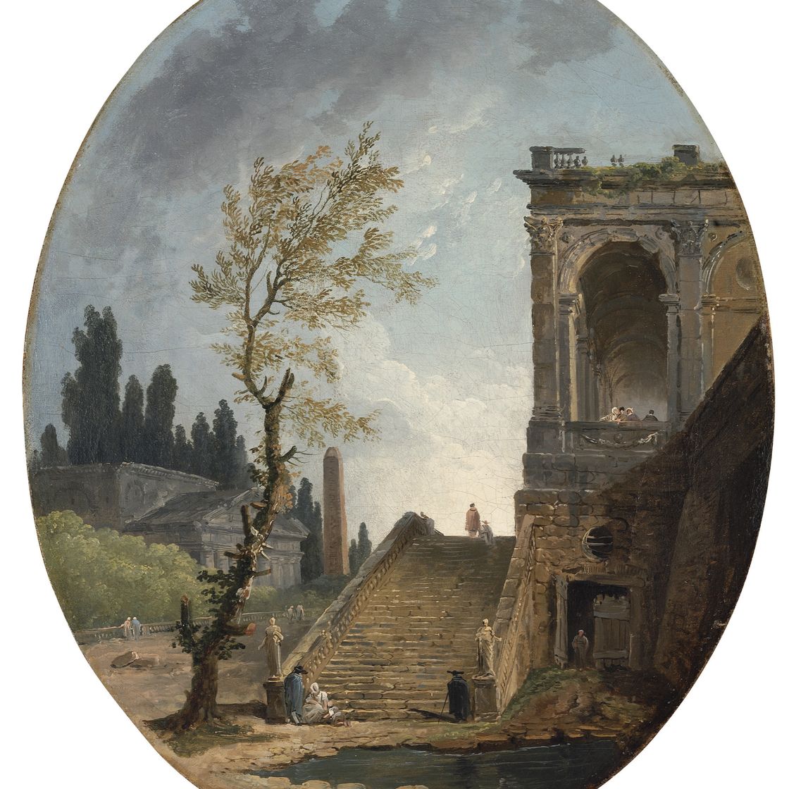 Hubert Robert — Итальянский дворец : каприччио из классических руин с лестницей, ведущей от бассейна к лоджии, храмом и обелиском за ним.