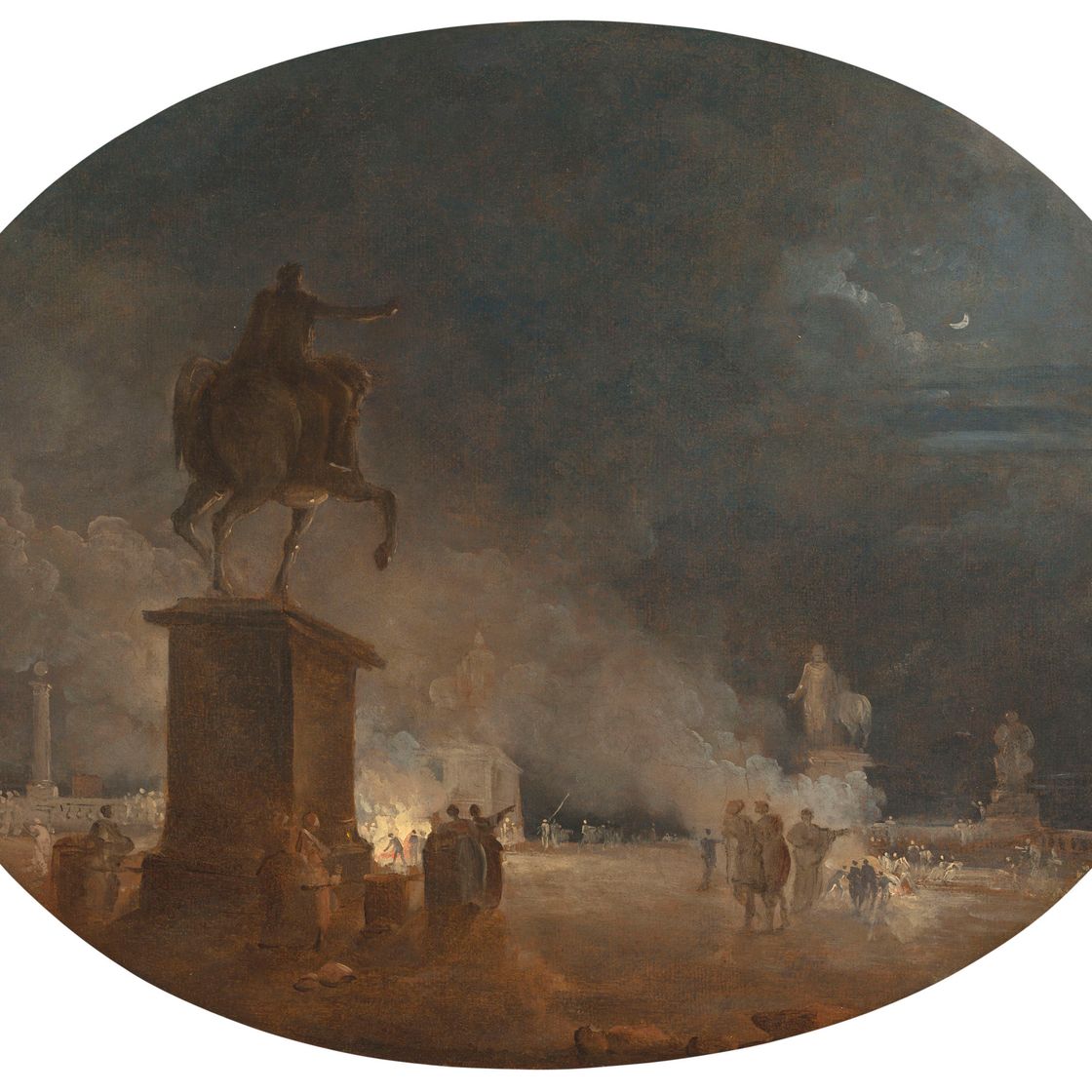 Hubert Robert — Рим, Пьяцца дель Кампидольо, ночью, с конной статуей Марка Аврелия и фигурами, разжигающими костры