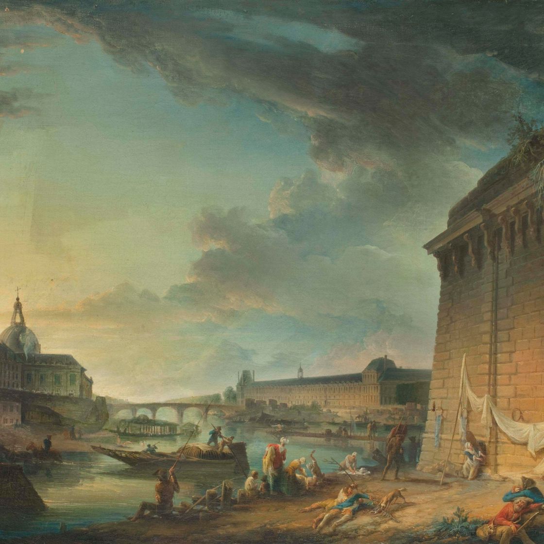 Hubert Robert — Улица Сены и Лувра, Королевский дворец, Новый мост