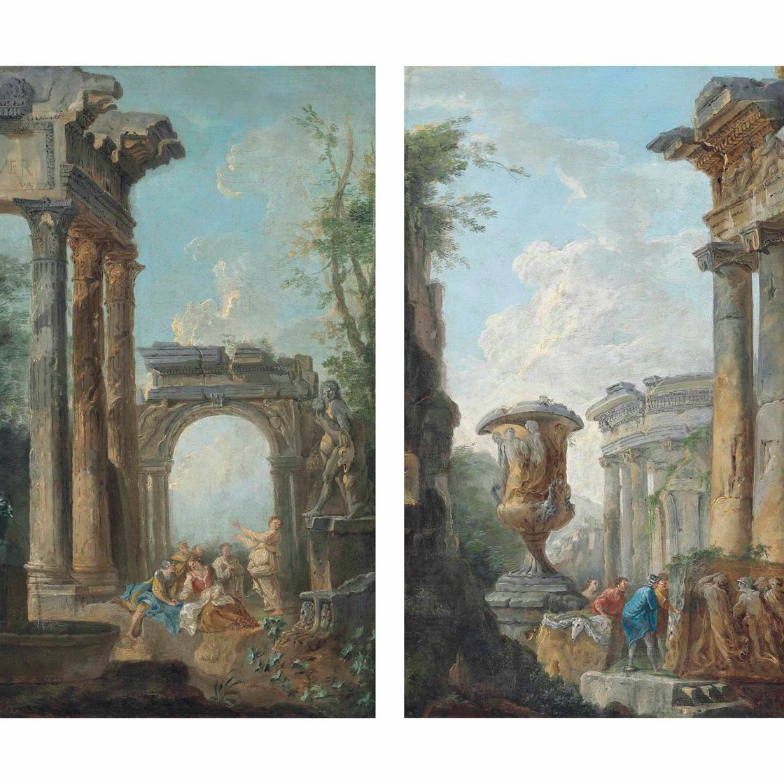 Hubert Robert — Классическое каприччио, изображающее фигуры, беседующие перед статуей Силена и младенца Диониса у храма Веспасиана и Тита; и классическое каприччио, изображающее фигуры, беседующие о рельефной скульптуре вазы Боргезе, в храме Весты за