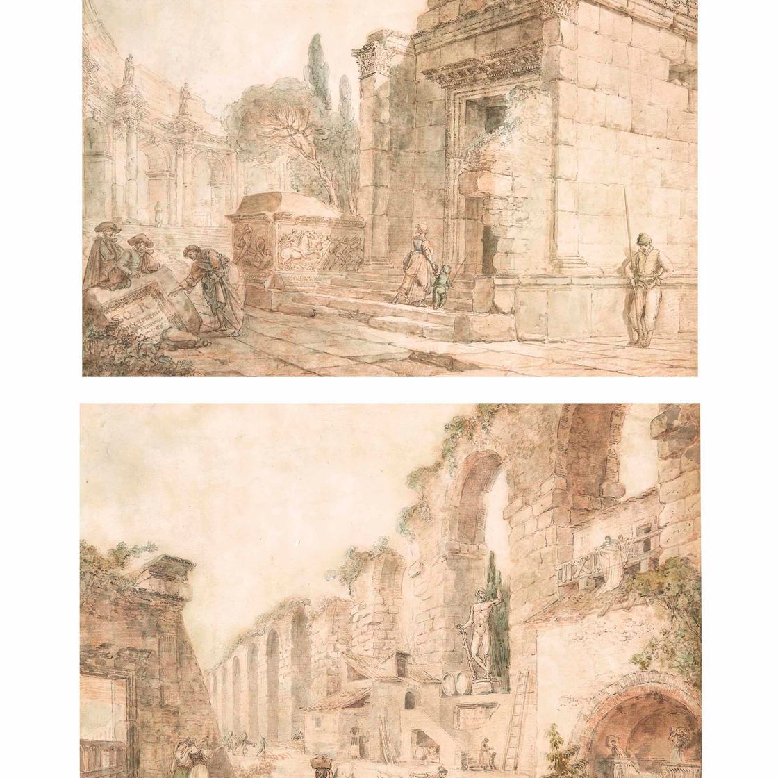 Hubert Robert — Архитектурное каприччио с фигурами перед храмом Юпитера в Сплите; и архитектурное каприччио с фонтаном и руинами акведука Салона в Сплите