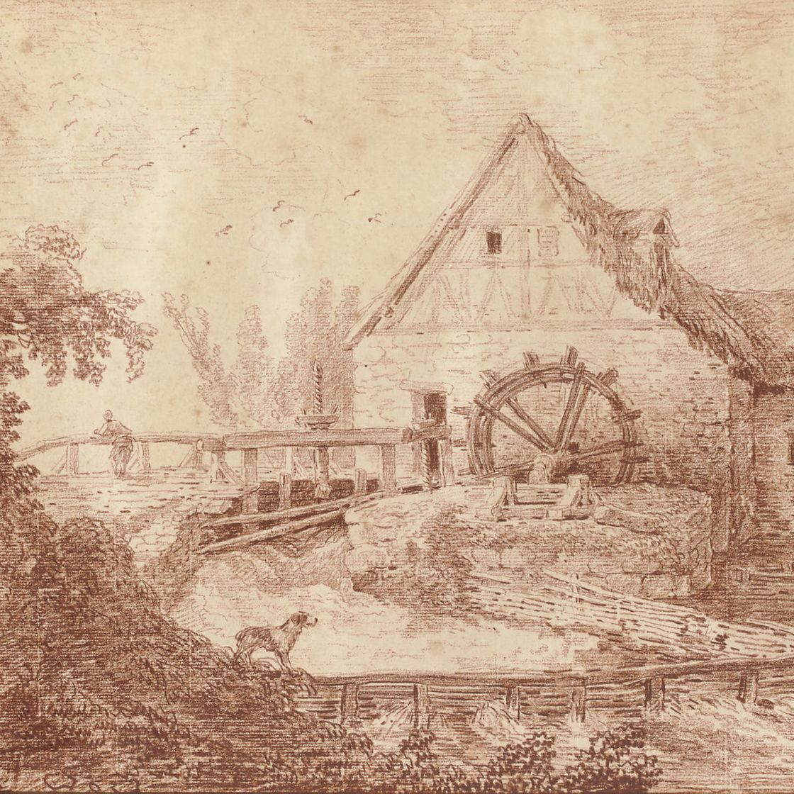 Hubert Robert — Водяная мельница с крестьянином на мосту и собакой, стоящей на берегу реки