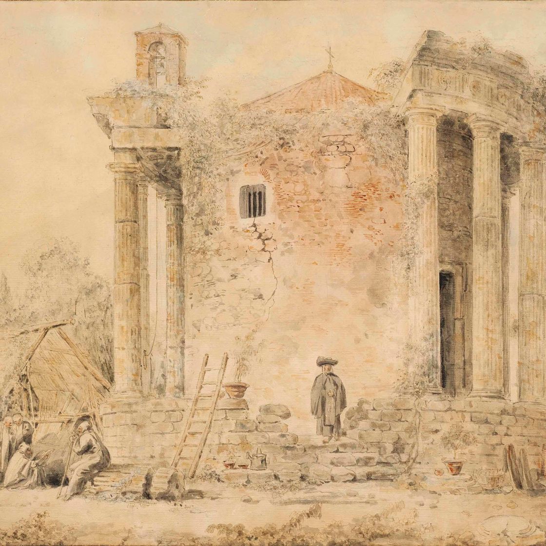 Hubert Robert — Священники-капуцины рядом с храмом Сивиллы, Тиволи