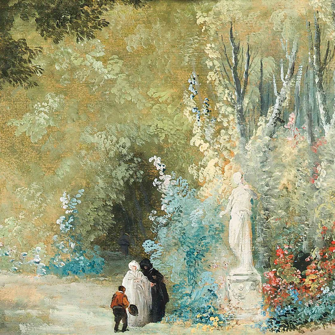 Hubert Robert — Парковый пейзаж с элегантными фигурами перед статуей