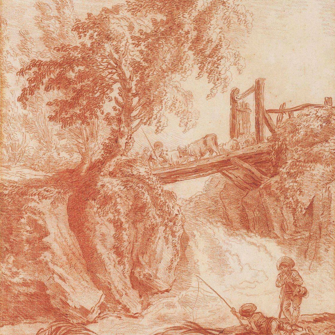 Hubert Robert — Фигуры и крупный рогатый скот переходят мост, рыболовы на переднем плане
