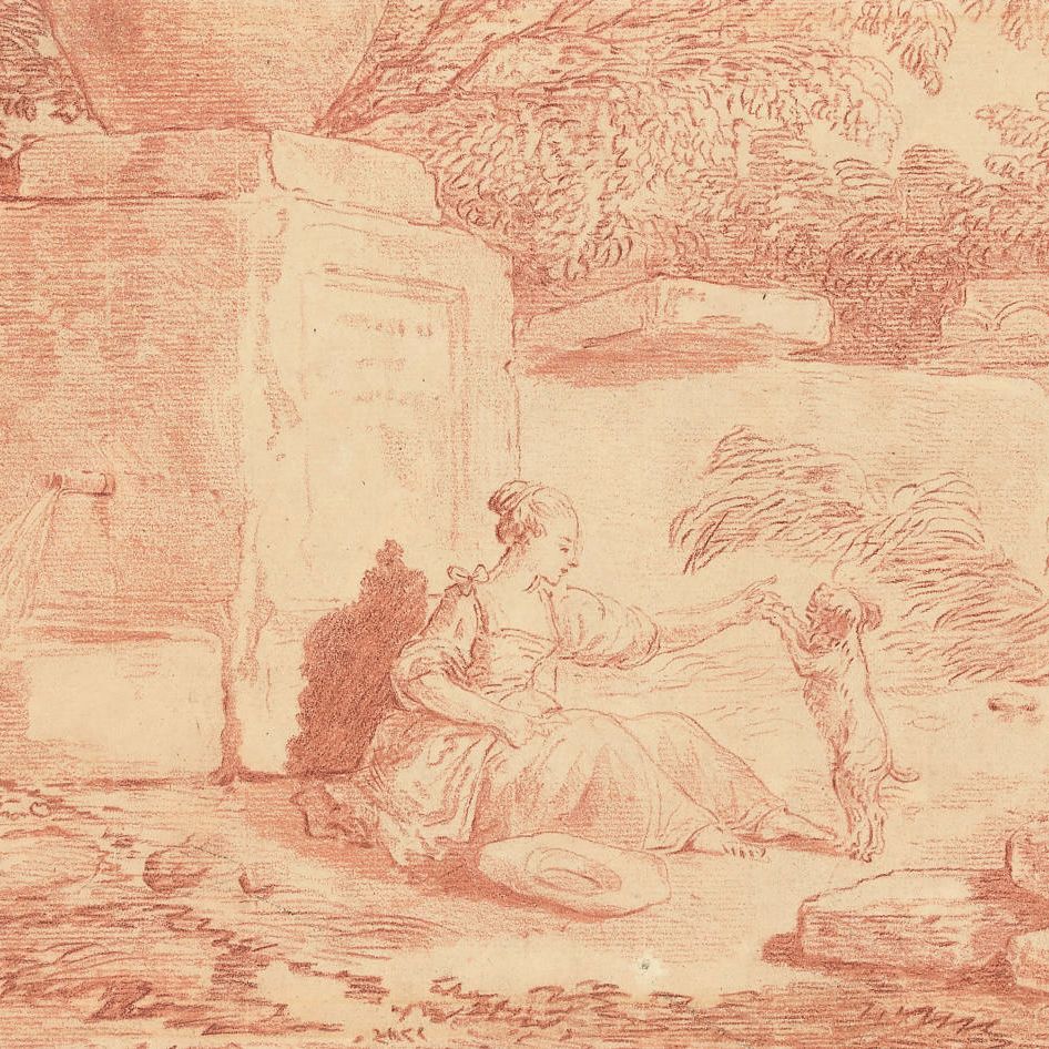 Hubert Robert — Сидящая девочка играет со щенком