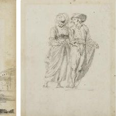 Hubert Robert — Четыре страницы с обратной стороны альбома: Человек без денег; Пара; Двое людей без денег; и сцена безумия.