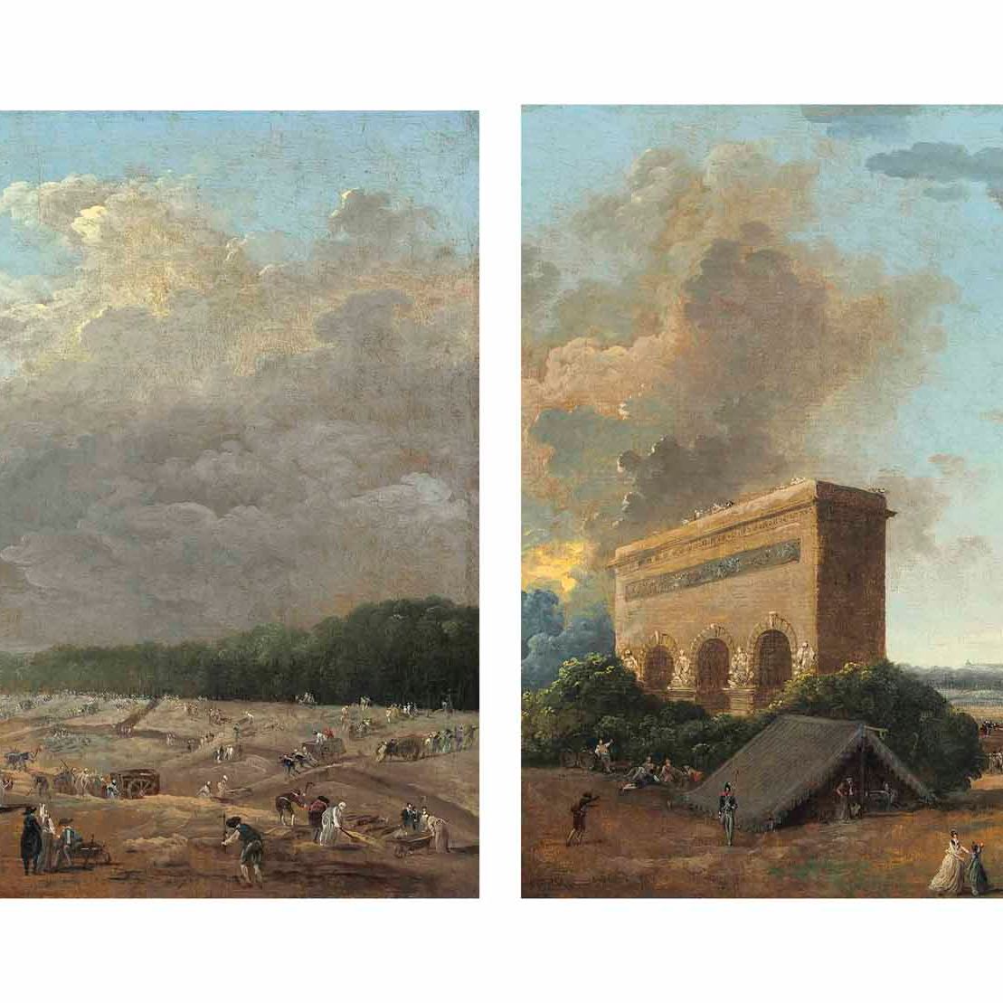 Hubert Robert — Подготовка к Фестивалю Национальной федерации на Марсовом поле, или "Дню тачек", и празднование Фестиваля Национальной федерации на Марсовом поле