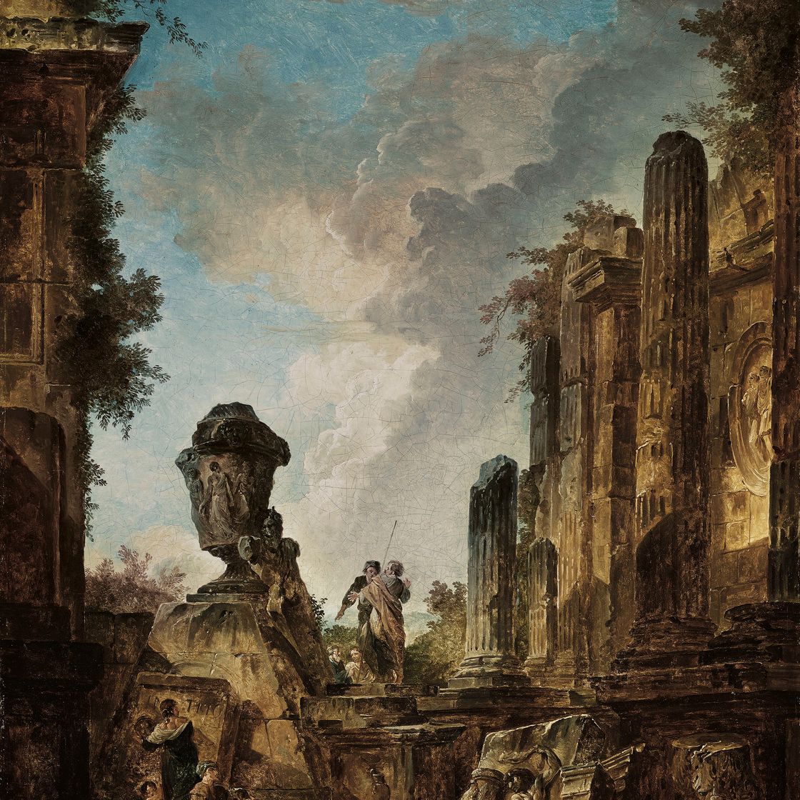 Hubert Robert — Каприччио классических руин с гигантской урной и беседующими мужчинами; и каприччио апсиды, пирамиды и других руин с классической скульптурой и женщиной, кормящей грудью., изображение 3