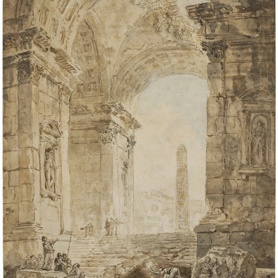 Hubert Robert — Руины античного здания с обелиском и фигурами