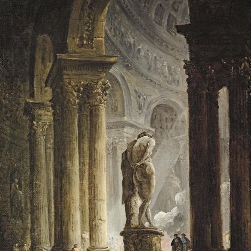 Hubert Robert — Интерьер храма с фигурами у статуи Геркулеса
