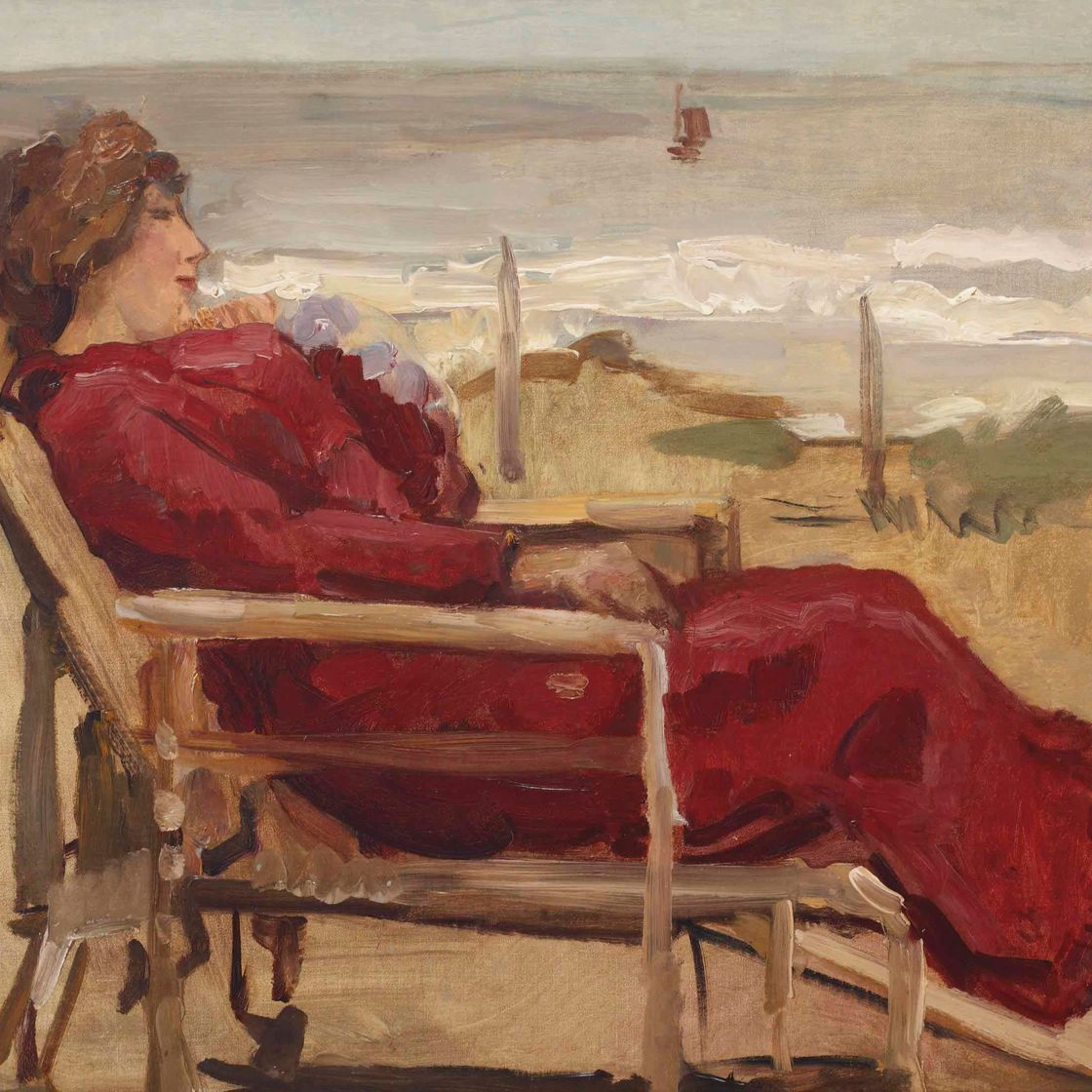 Isaac Israels — Дама в красном в пляжном кресле, Схевенинген
