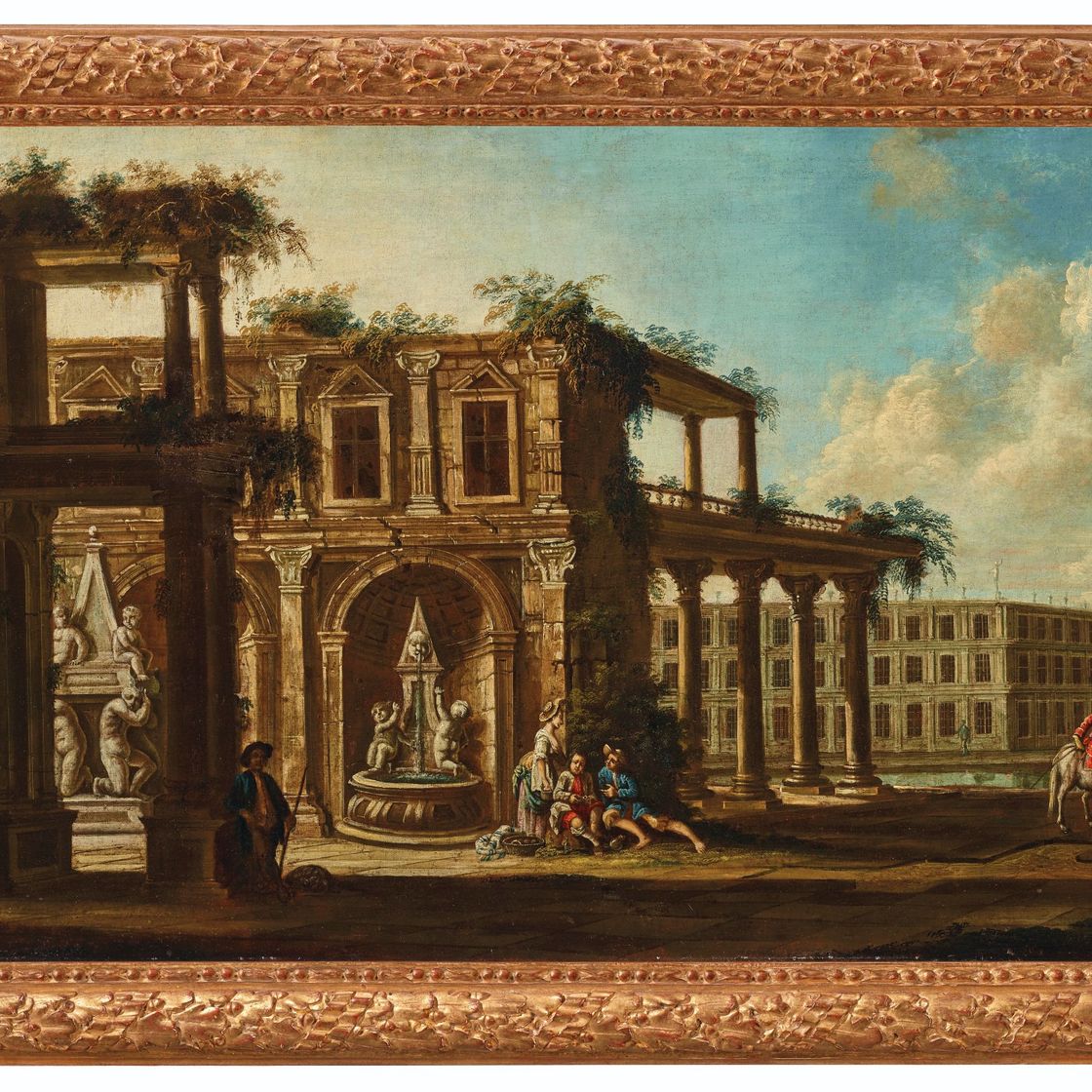 Italian School — Каприччио с путешественником, три фигуры, беседующие у фонтана, и фигура верхом на лошади, изображение 2