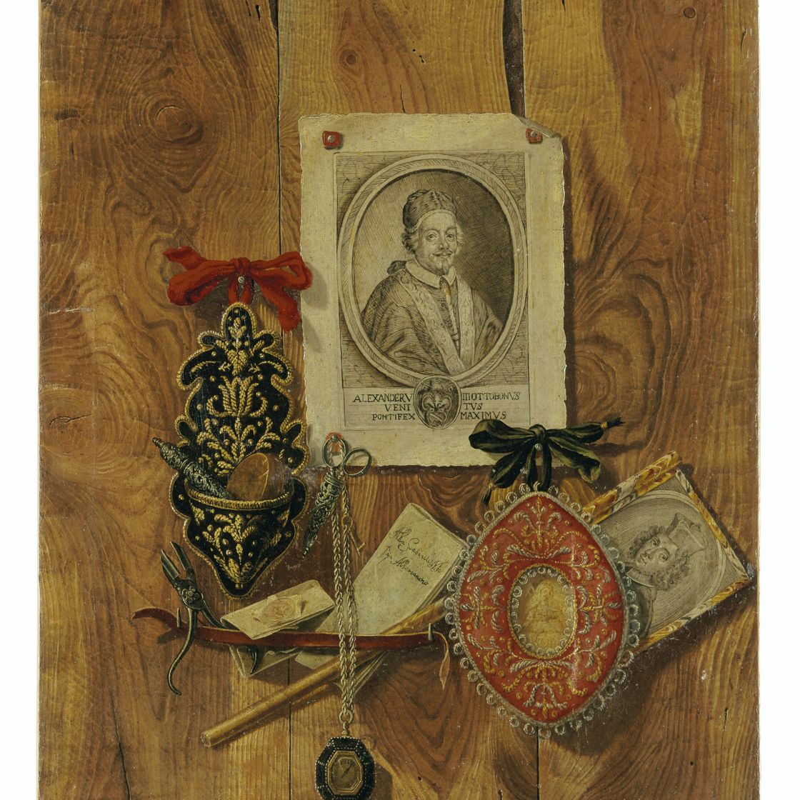 Italian School — Обманка с гравюрой, посвященной папе Александру VIII, часами, письмами и другими предметами; и обманка с нотным листом, рисунком, лунным календарем и другими предметами, изображение 2