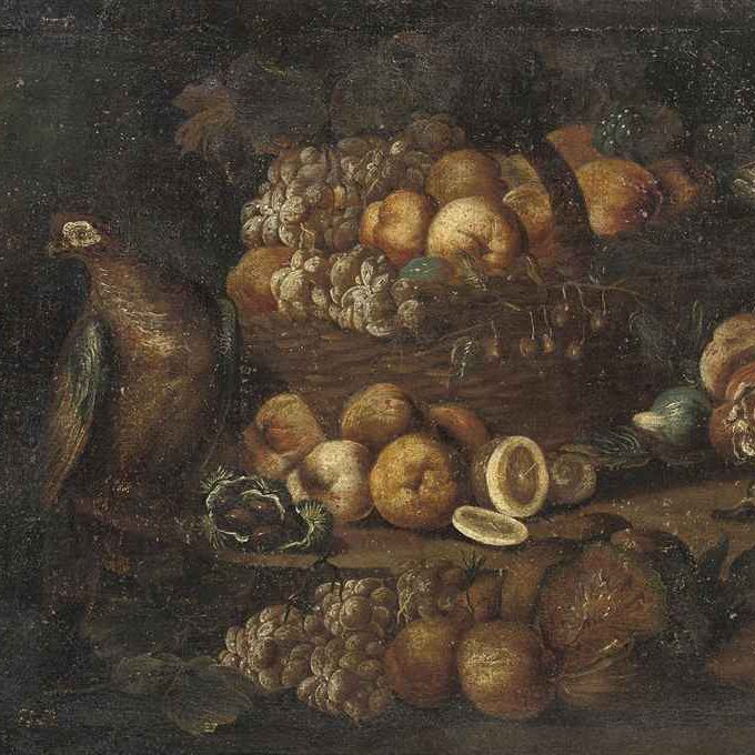 Italian School — Виноград, яблоки, абрикосы, кукуруза и несколько других фруктов в корзине на столе с голубем