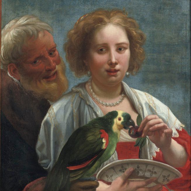 Jacob Jordaens — Бородатый мужчина и женщина кормят вишнями попугая