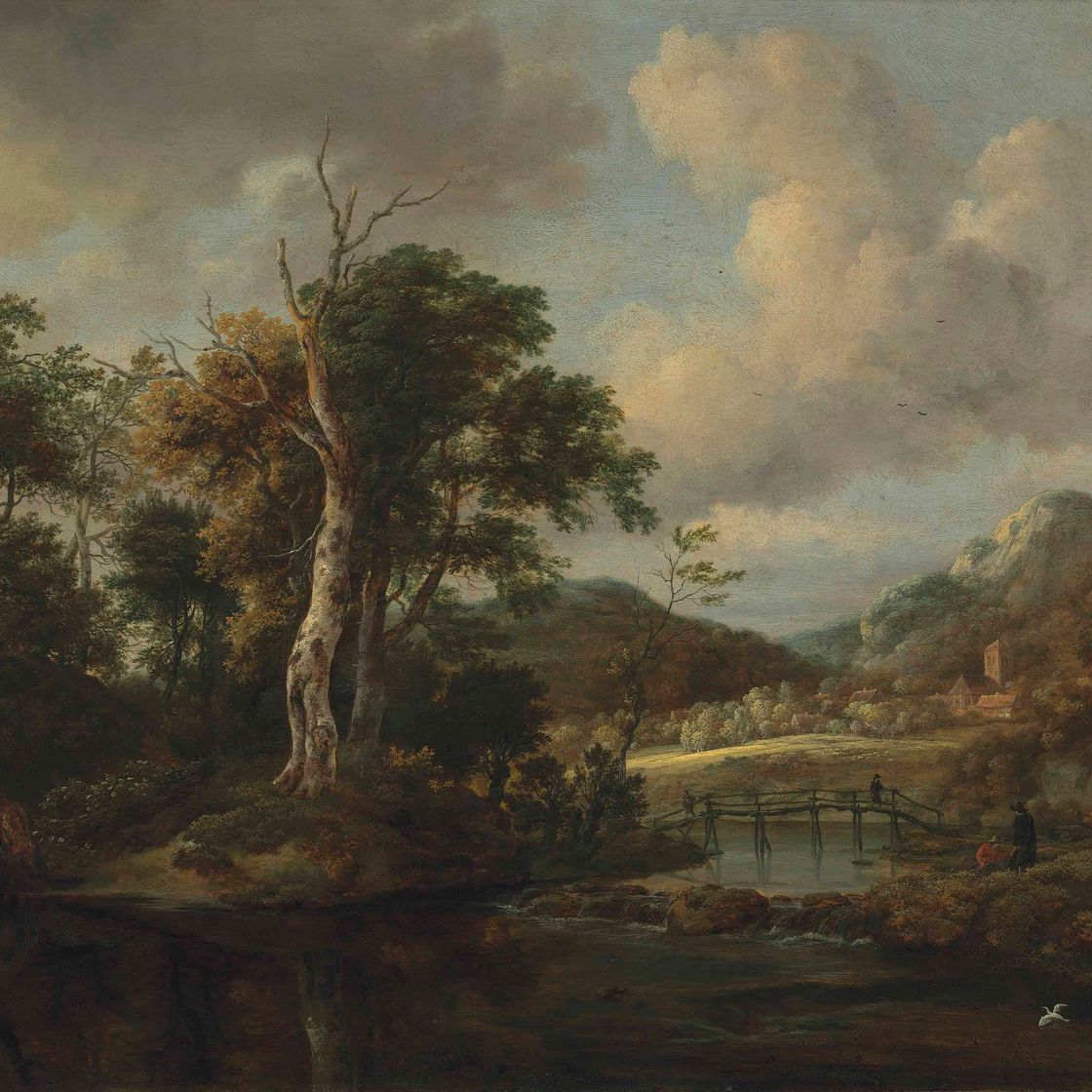 Jacob Van Ruisdael — Лесистый речной пейзаж с фигурами, пересекающими мост