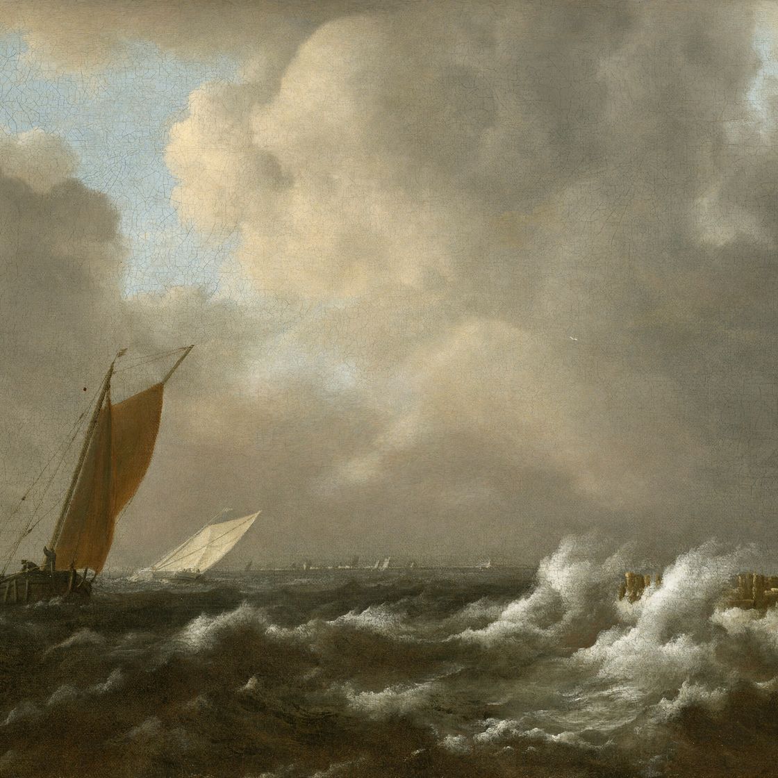 Jacob Van Ruisdael — Парусные суда в штормовом море с причалом справа, изображение 1