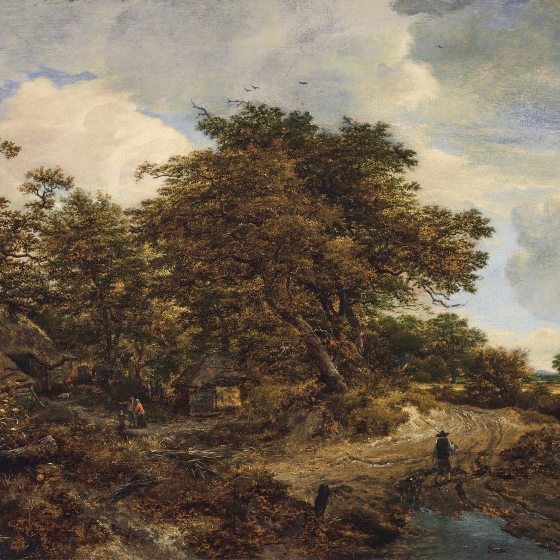 Jacob Van Ruisdael — Лесистый пейзаж с коттеджами и фигуркой с собаками на грунтовой дорожке, изображение 1