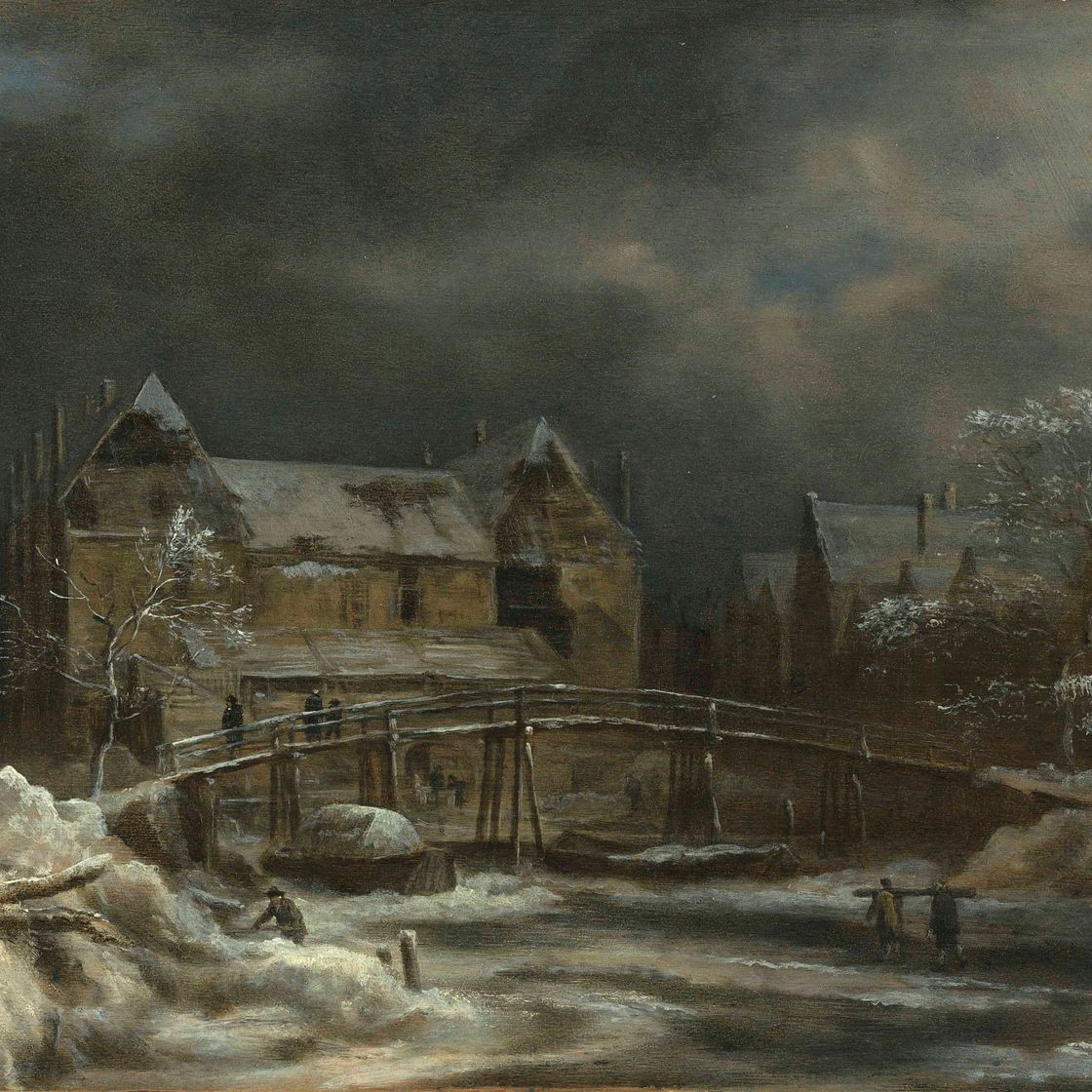 Jacob Van Ruisdael — Зимний пейзаж с видом на город и деревянный мост