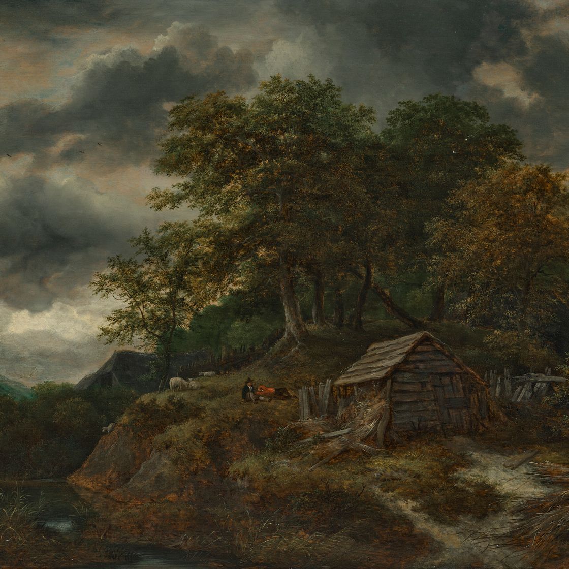Jacob Van Ruisdael — Лесистый речной пейзаж с пастухами, лежащими рядом с деревянной хижиной, изображение 2