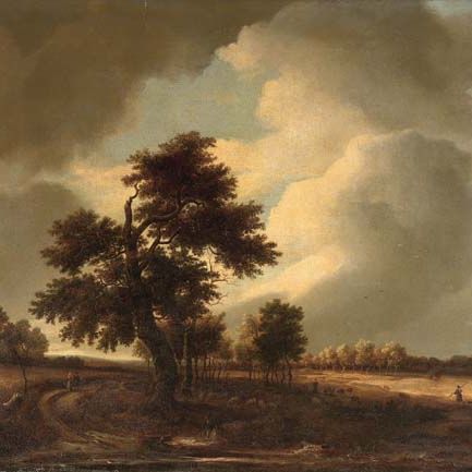 Jacob Van Ruisdael — Лесистый пейзаж с путешественниками на тропинке и пастухом со своим стадом