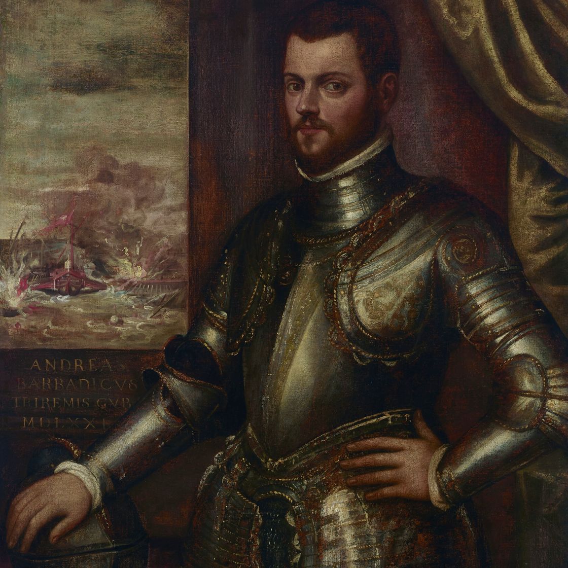 Jacopo Tintoretto — Портрет Андреа Барбариго в полный рост, в доспехах, на фоне морского сражения, изображение 1