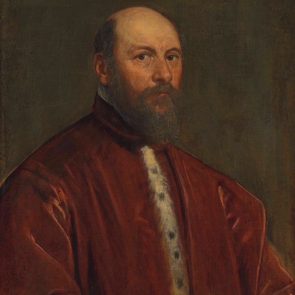 Jacopo Tintoretto — Портрет венецианского сенатора в полный рост, в красной мантии, подбитой горностаем