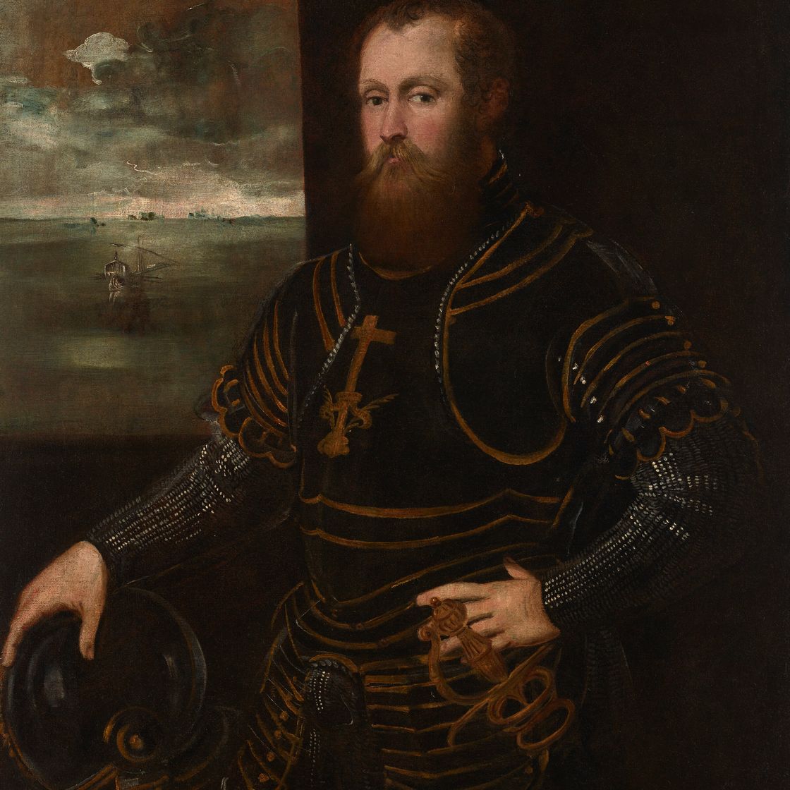 Jacopo Tintoretto — Портрет мужчины в три четверти роста, в доспехах, на фоне морского пейзажа, изображение 1