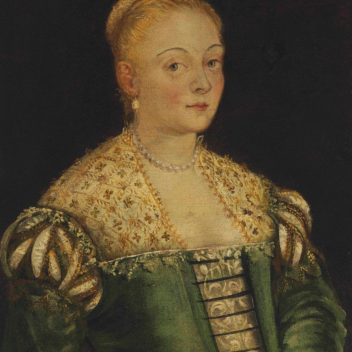 Jacopo Tintoretto — Портрет молодой леди в полный рост, в зеленом платье