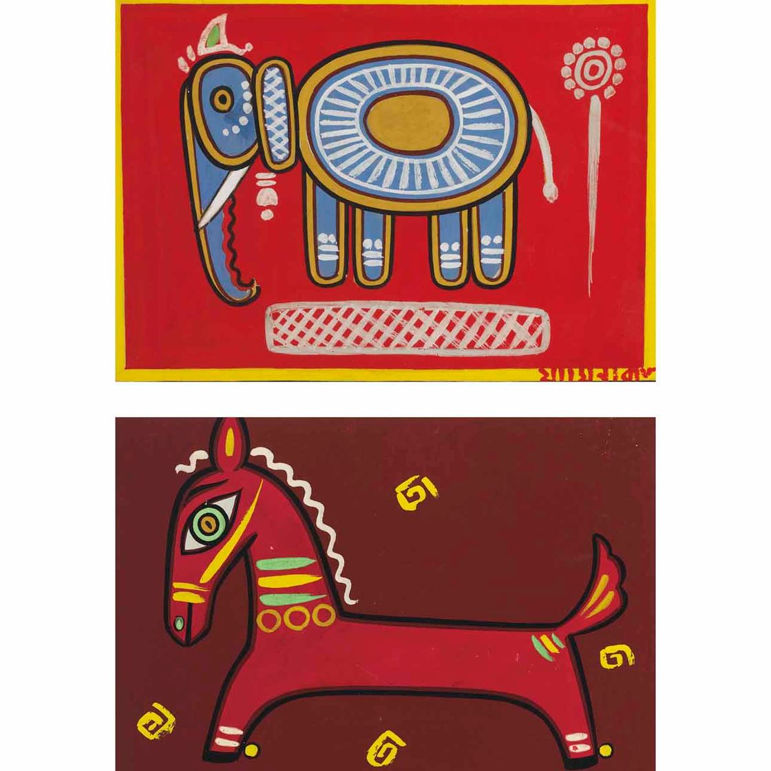 Jamini Roy — Без названия (Кот с креветками, Слон, Лошадь, Корова и теленок)