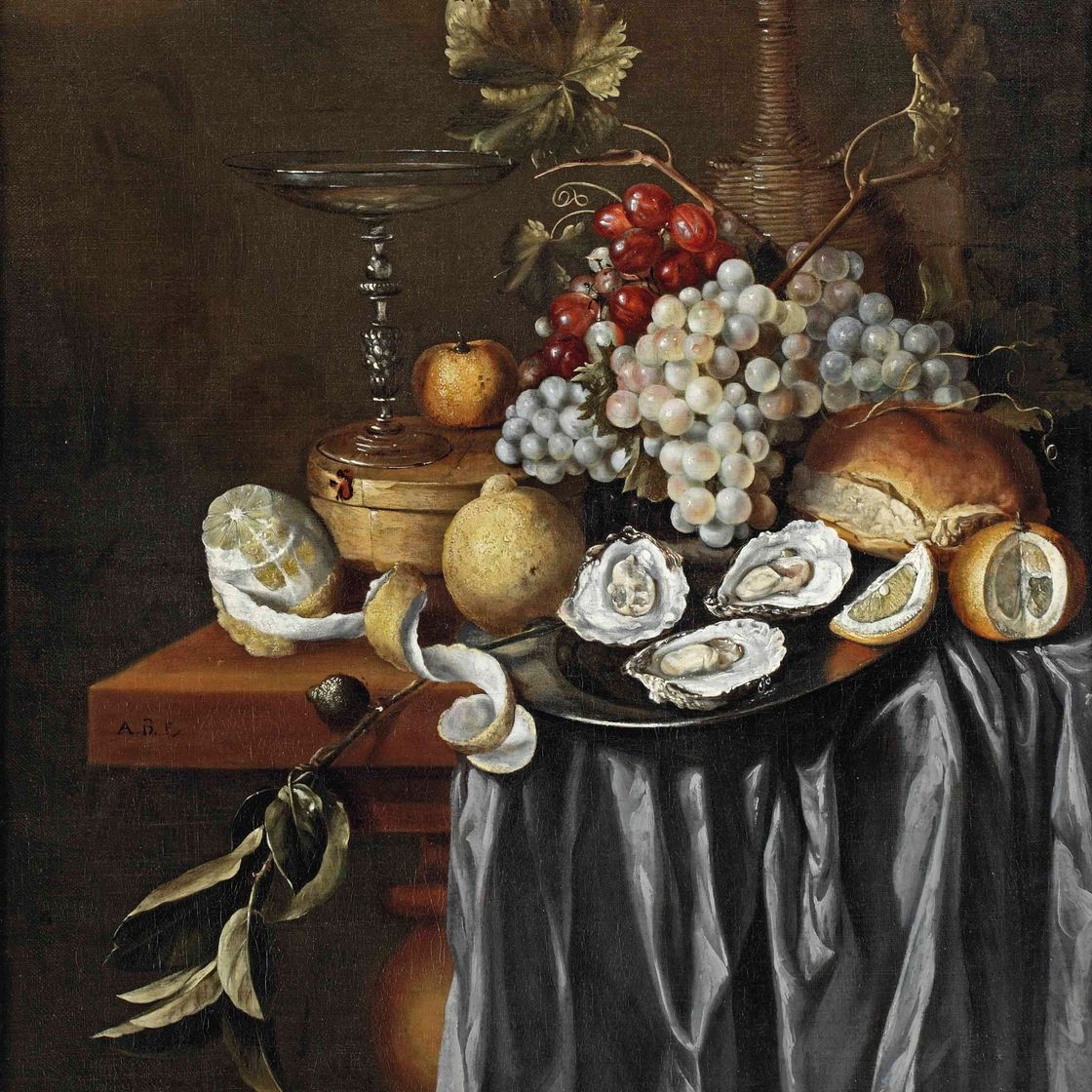 Jan Davidsz. de Heem — Очищенный лимон, венецианский бокал, клементин, голубой и белый виноград, лимоны, устрицы на оловянной тарелке и кувшин - все это на частично задрапированном столе